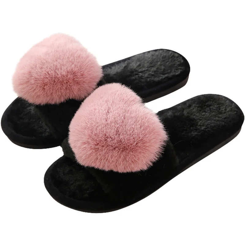 1Pair Non-slip Shoes Flat Bottom Plush Slippers Home Slippers Heart Pattern Cute Winter Women Warm