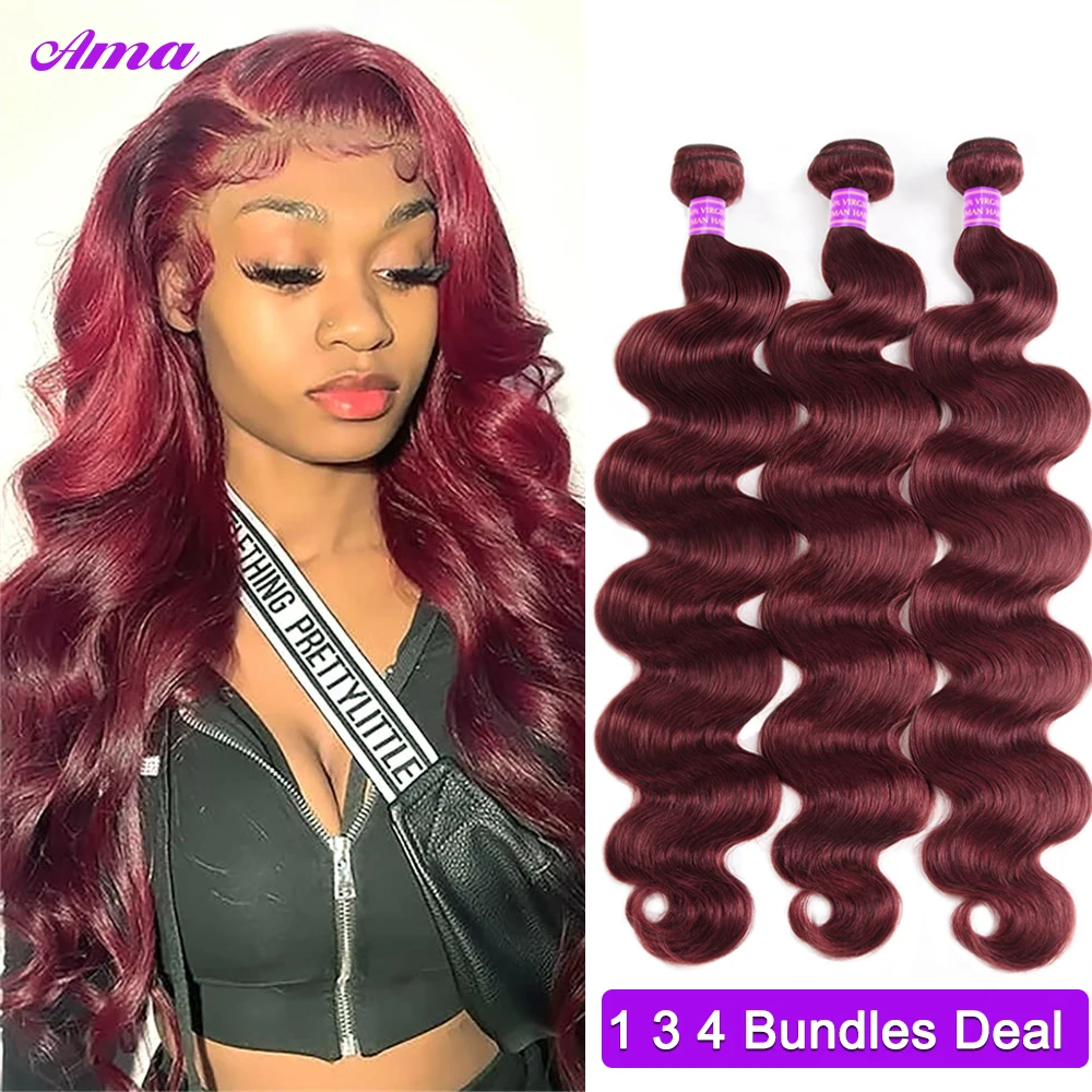 Body Wave Human Hair Bundles para mulheres negras, Borgonha, vermelho escuro, colorido, Remy Hair Bundles, 1, 3, 4 Bundles, Deal, 99j