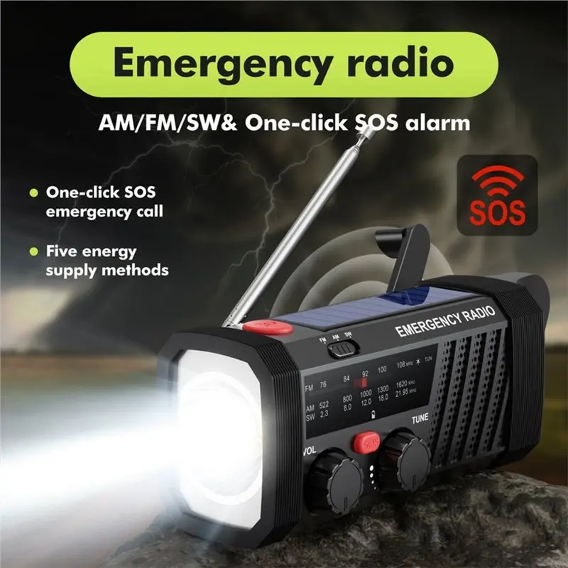 [NEW!A25P】 Emergency Radio Solar Powered Hand Crank With SOS Alarm, AM/FM/SW Band& Flashlight 2000Mah Battery Charging For Outdo