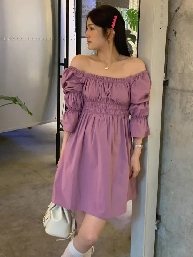 Chic Summer ort Dr One oulder Waist Cinching Bubble Sve Taro Mud Bubbles Peppy Sle Women's Knitwear Pure Color