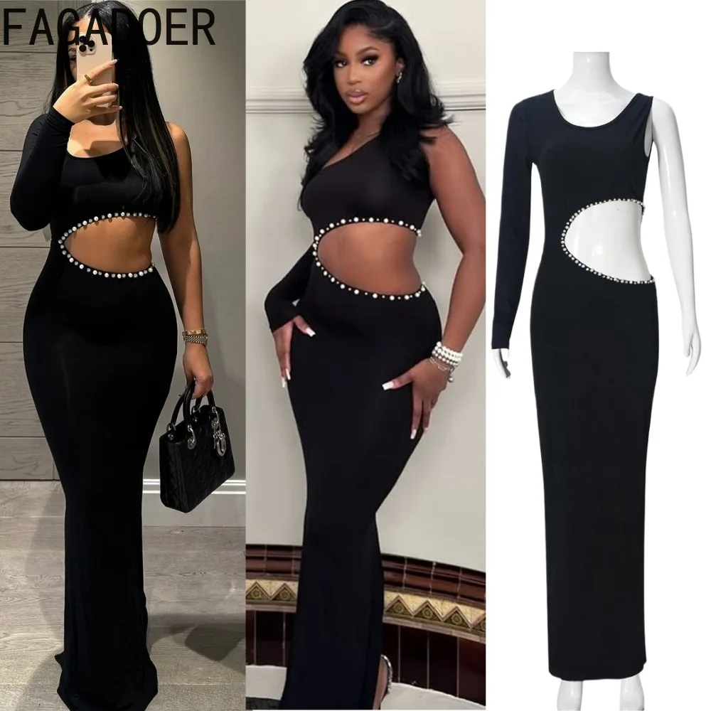 

FAGADOER Sexy Rhinestone Patchwork Bodycon Dresses Woman Solid Color Long Sleeves Hollow-out Dress Female Streetwear Vestidos