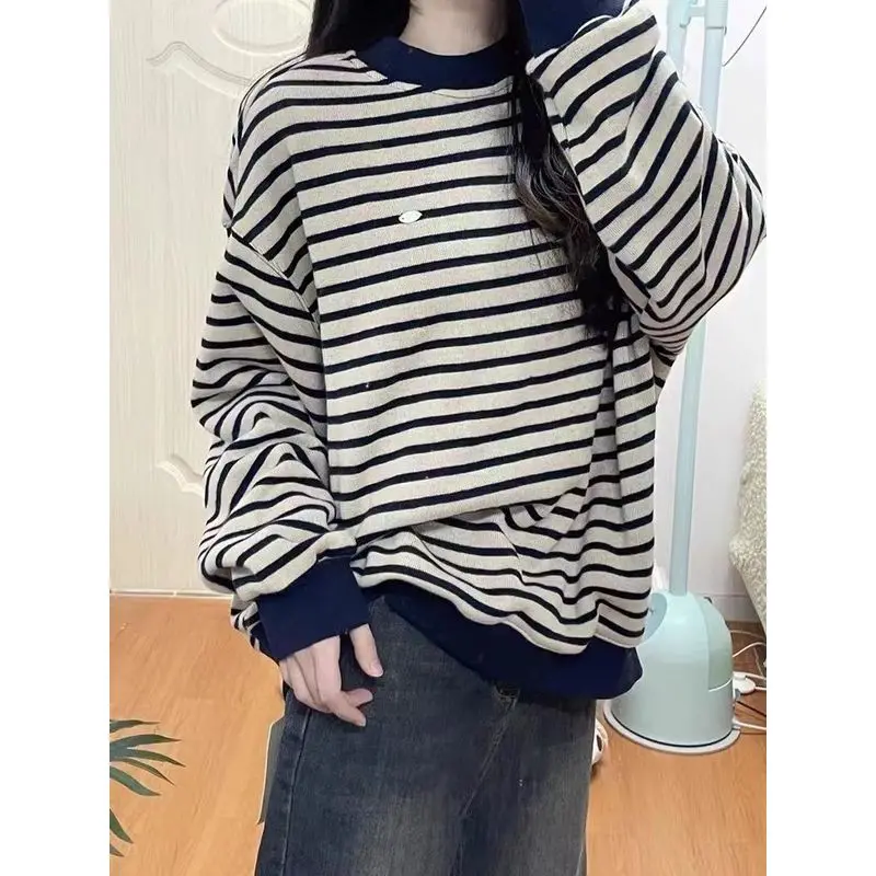 Retro Hong Kong Style Striped round Neck Sweatshirt Women's Spring Autumn Thin Loose Casual Long Sleeve Top Coat