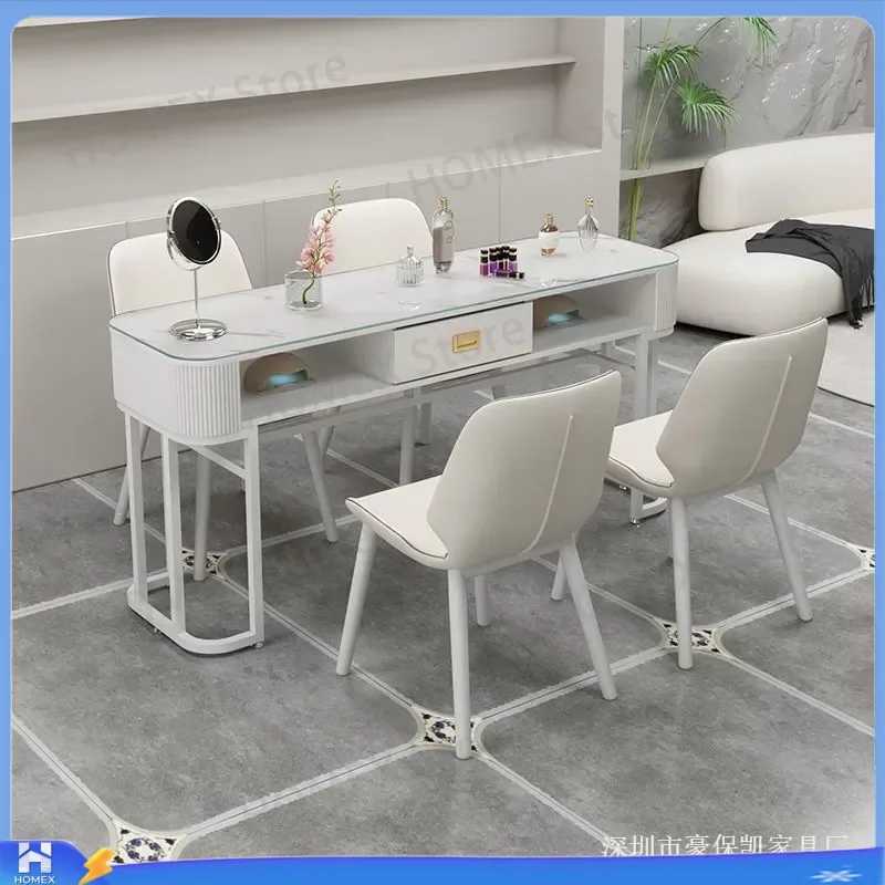 Nail Art Table and Chair Set Double Glass Top Manicure Station Desk Professional Beauty Salon Furniture Workbench with Stool