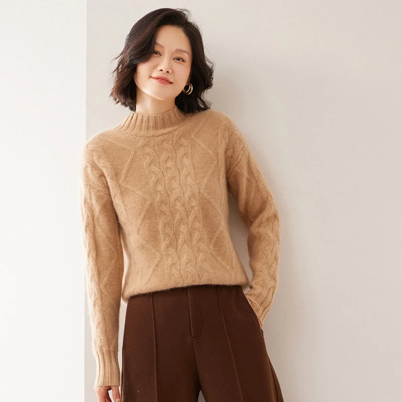 

100%Pure Cashmere Knitted Sweater Women Semi-High Neck Loose Pullover Fashion Jacquard Thicken Tops New High-End Bottoming Shirt