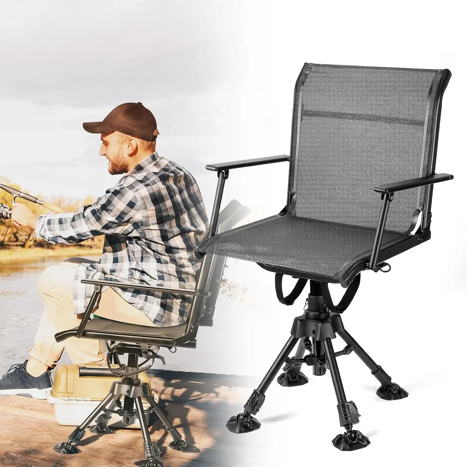 360 Degree Silent Swivel Blind Hunting Chair, Height Adjustable Quick Folding Portable Comfortable Hunting Fishing