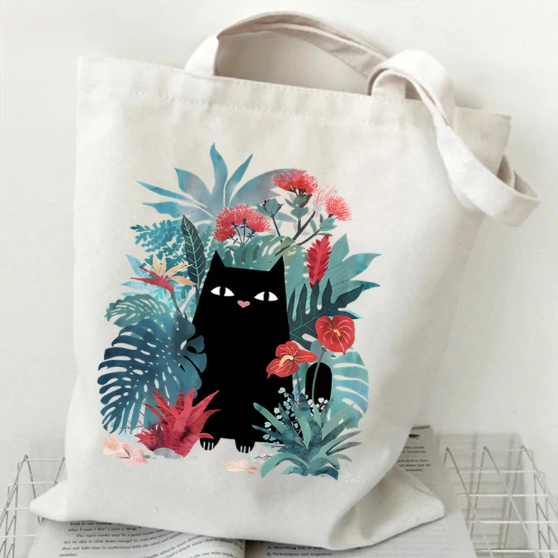 

Women Canvas Shopping Bag Casual Large Capacity Flower Cat Anime Shoulder Bag Eco Handbag Tote Reusable Grocery Shopper Bags