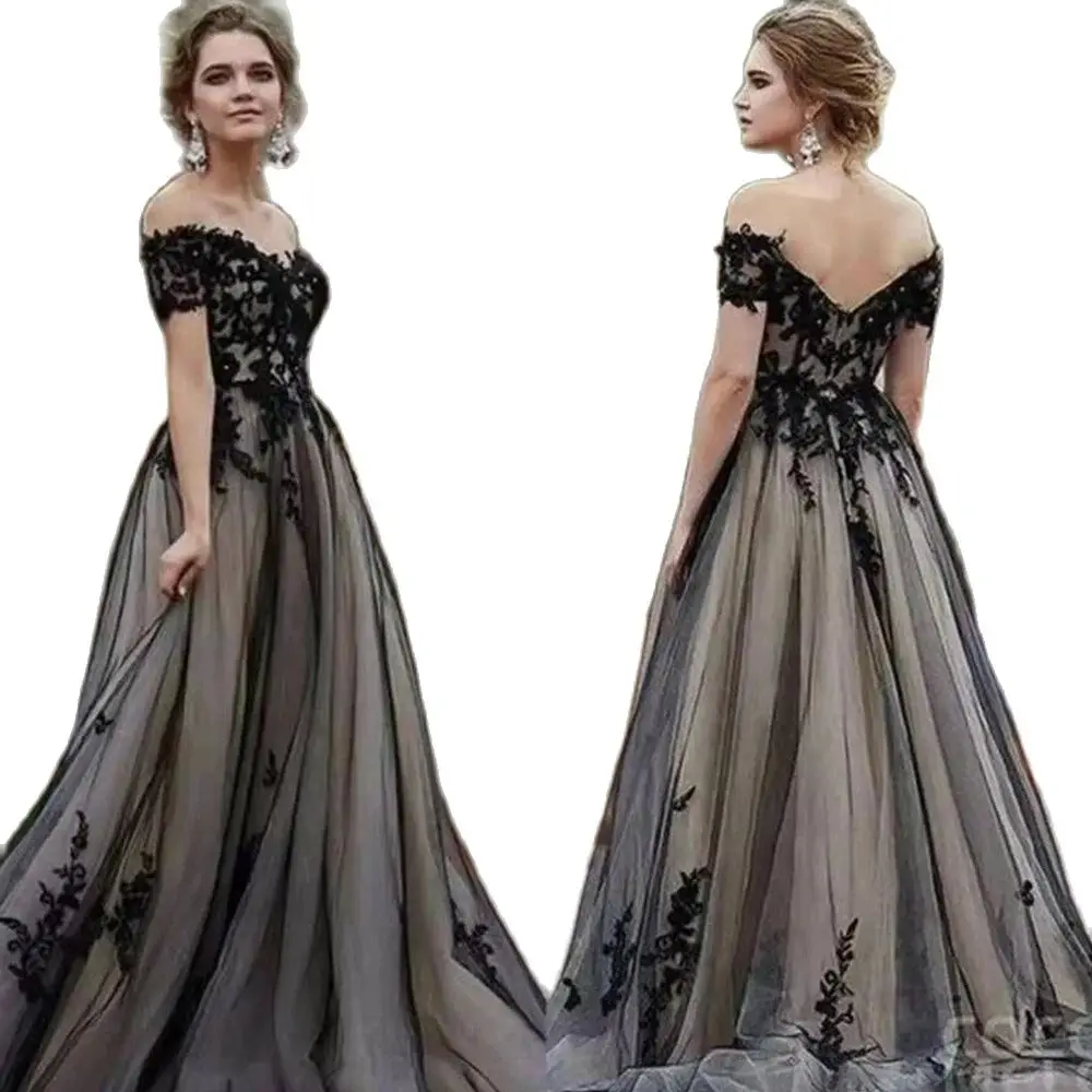 KSDN Off The Shoulder Women Evening Dress Short Sleeve Black Appliques Special Occasion Elegant Party Prom Dresses 2024 Tailor