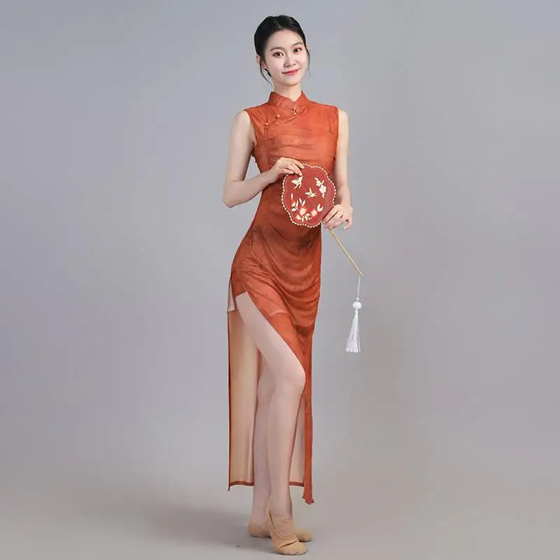 

New Chinese Sle Qipao Dance Costume Classical Slit Elastic Waist Slimming Svel Retro National Art Exam Practice orm