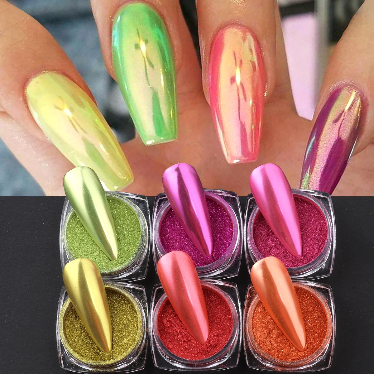6pcs Silk White Magic Mirror Nail Glitter Powder Bright Colorful Metallic Rubbing Pigment DIY Chrome Dust Manicure Accessories