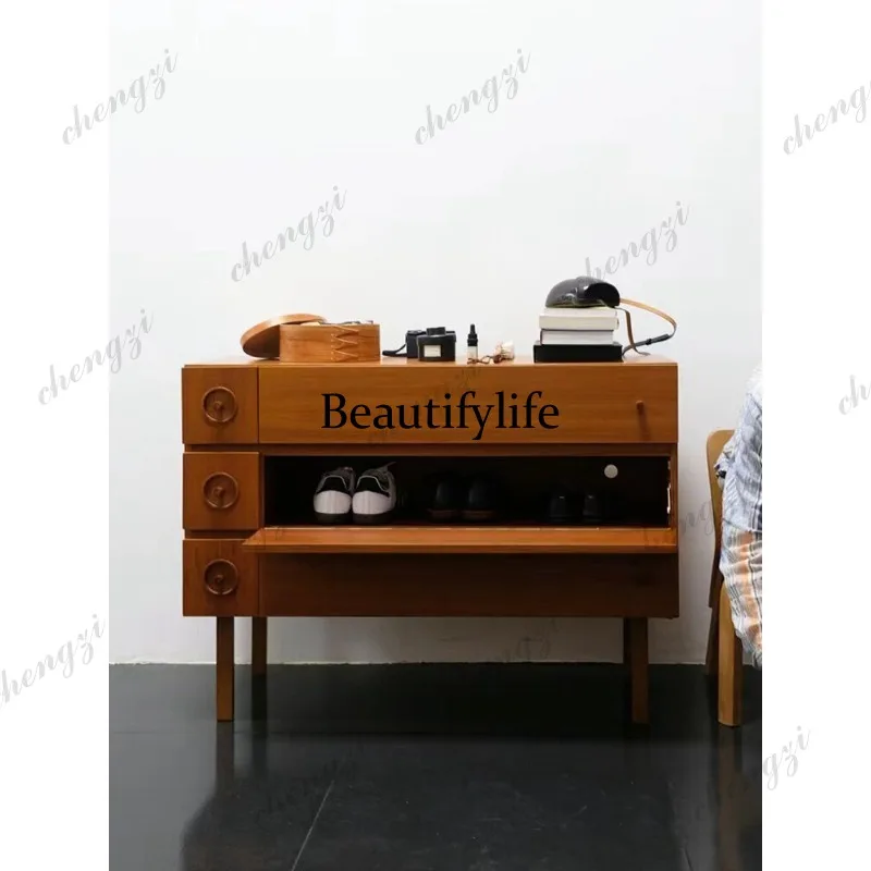 Modern retro solid wood flap door storage shoe cabinet simple locker three-layer entrance cabinet