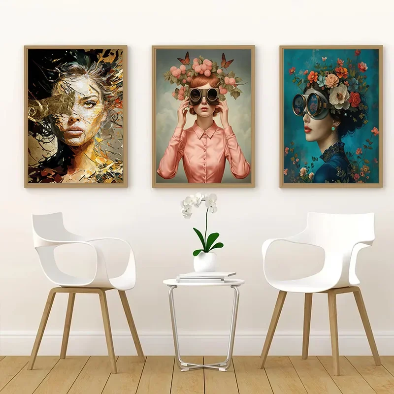 Nordic Abstract Glasses Flowers Woman Wall Art Print Canvas Painting Flowers Butterfly Girl Poster Modern Living Room Home Decor