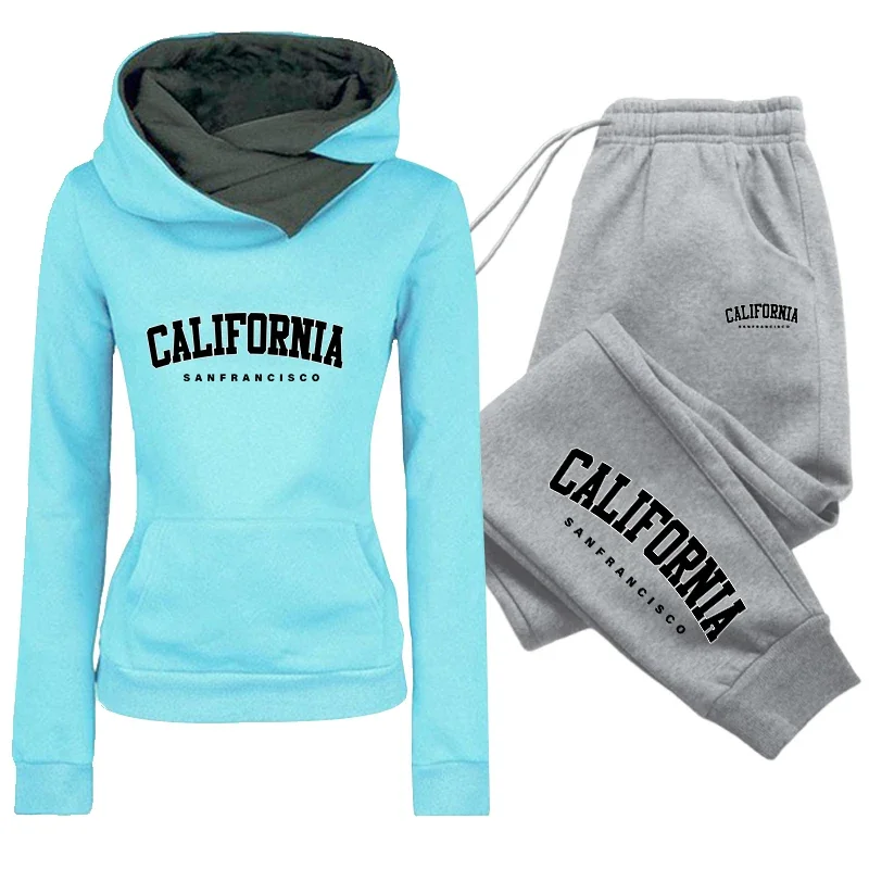 California Print Tracksuit Hooded Sweatshirt Sweatpants Autumn Winter Female Daily Casual Sports Outfit Women's Set/Hoodie/Pants