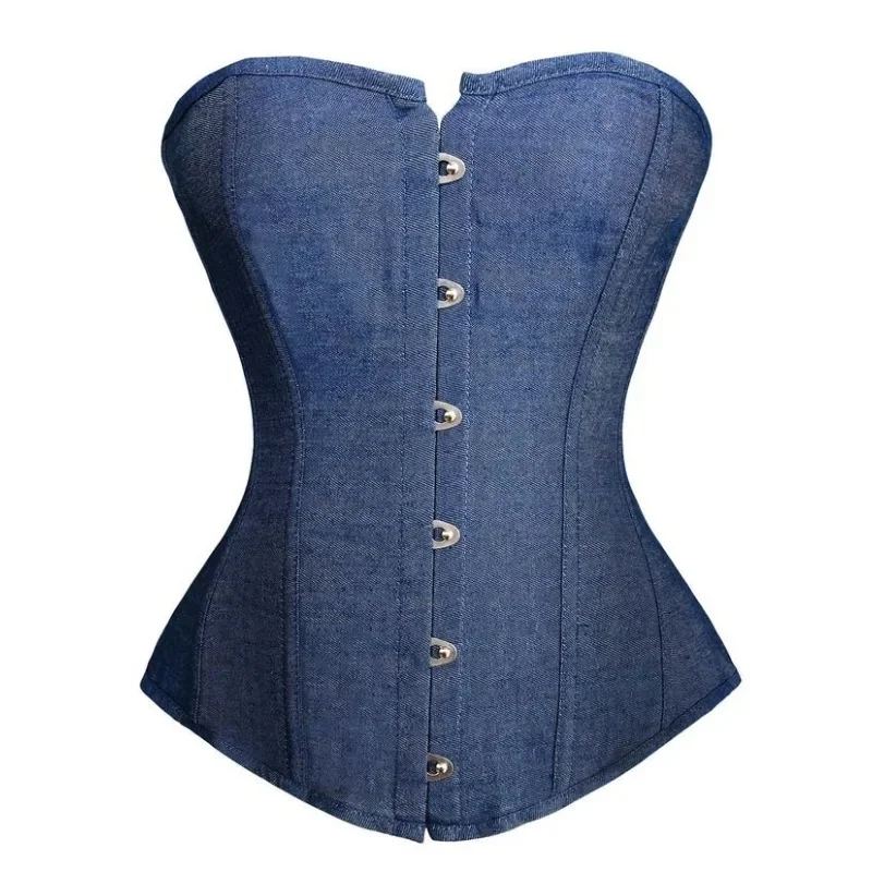 Blue Denim Buckle Overbust Corset Gothic Strapless Retro Corsets Waist Cincher Bustier Women Sexy Lingerie Top