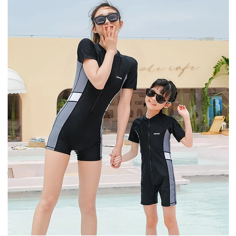 

Family Matching One Piece Rash Guard Zipper Short Sleeve Sun Protection Surf Rashguard Boyleg Swimsuit Bathing Suits Swimwear