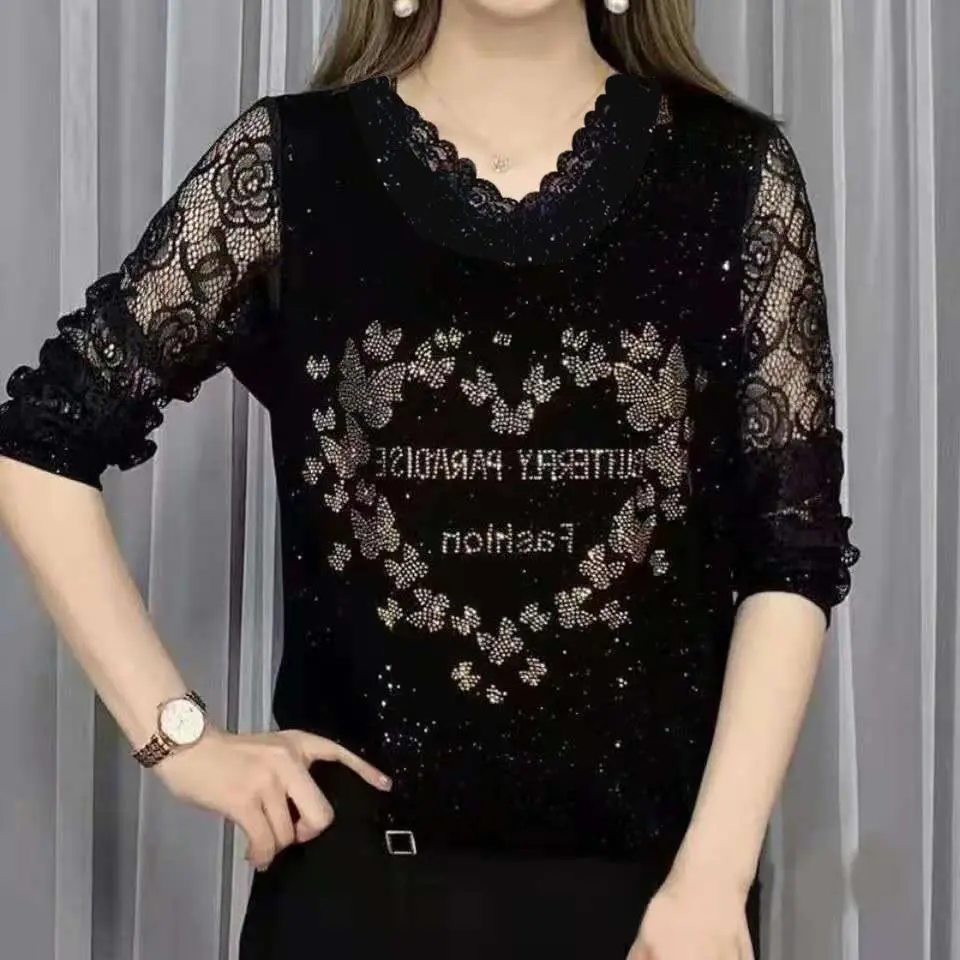 Spring Autumn New Long Sleeved V-neck Bottoming Shirt Fashion Mother's Top Women's Diamond Tshirt M-4XL