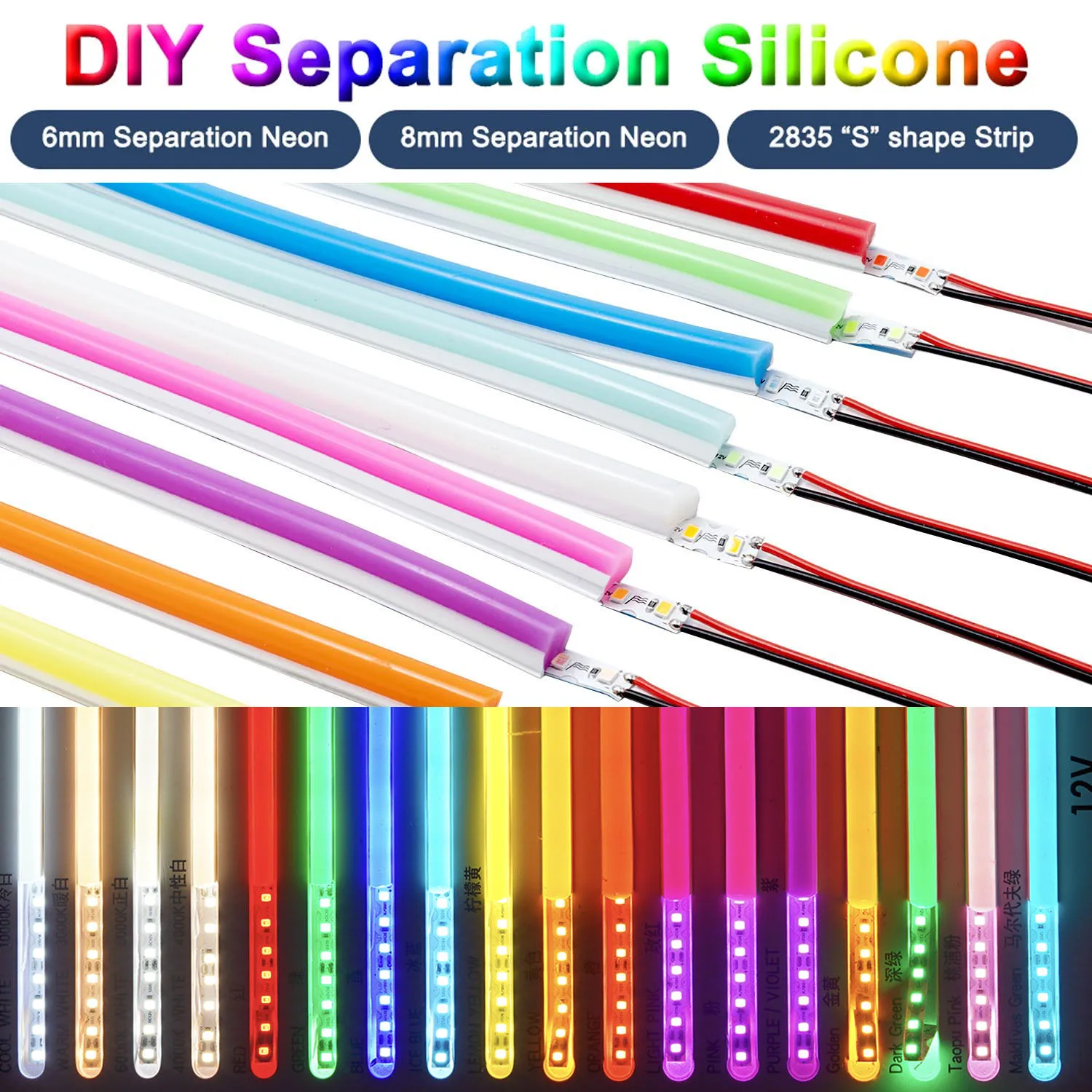 6mm 8mm Separate Led Neon Strip Tube with 12V S Led strip KIT 120Leds/m SMD3528 Rope Flexible Tape Silicon Tube Bar DIY Sign