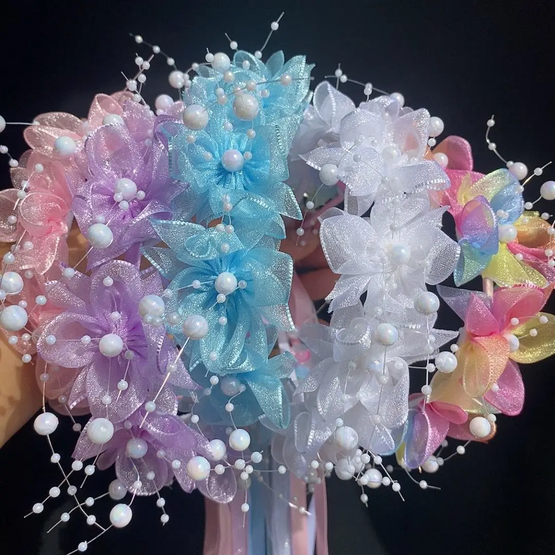 

Korean Ethereal Mesh Flower Headband Pearl Tassel Non-Slip Comfortable, Sweet Fairy Style for Birthday/Performance/Photo Styling