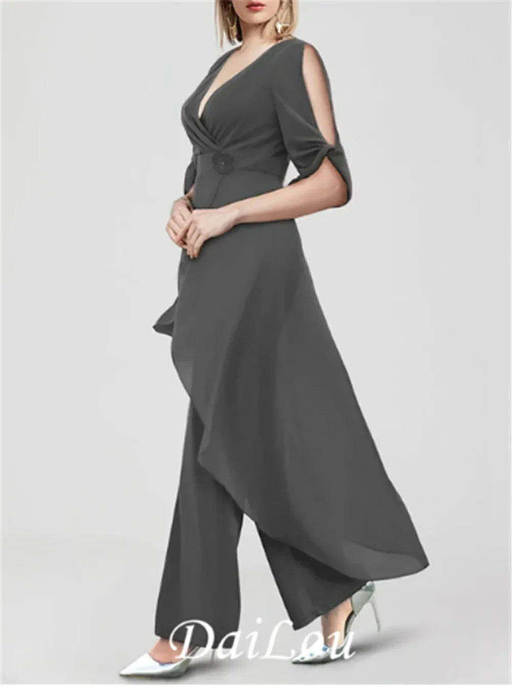 Jumpsuits Wedding Guest Dresses Elegant Dress Formal Floor Length Half Sleeve V Neck Fall Wedding Guest Chiffon with Ruched 2024