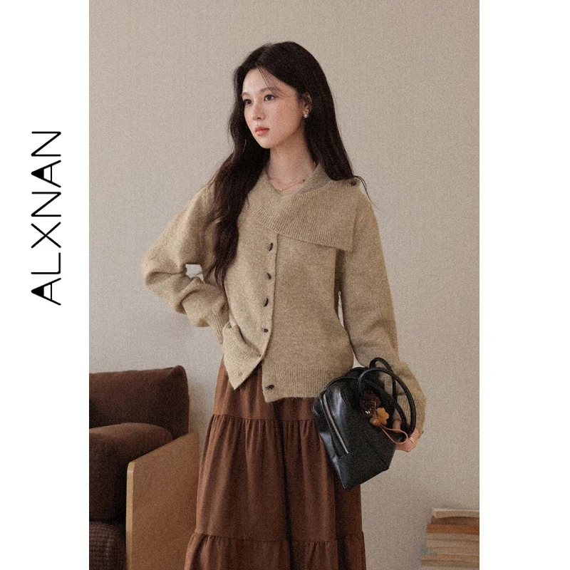 Alxnan camisola feminina marrom chique grande lapela malha pulôver outono inverno solto-ajuste casual manga longa quente senhoras topos l58019