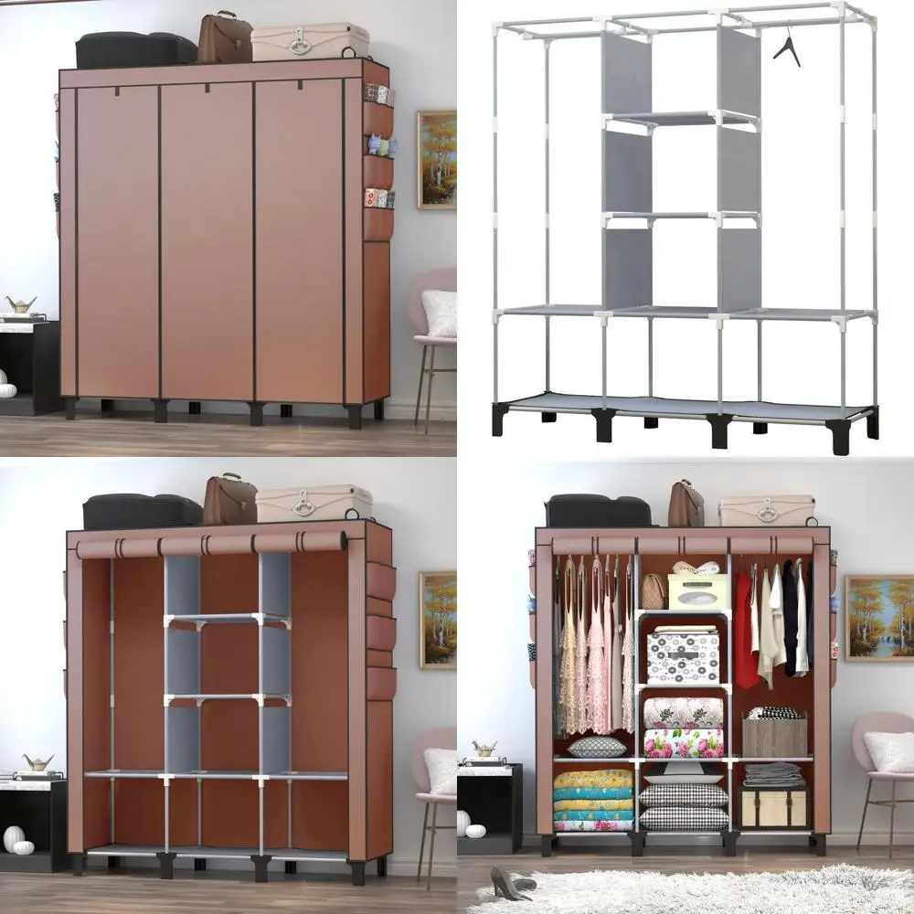 

Портативный шкаф-гардероб на 10 полок с 2 перекладинами для вешалок и 6 боковыми карманами, 130x45x172 см, органайзер для спальни