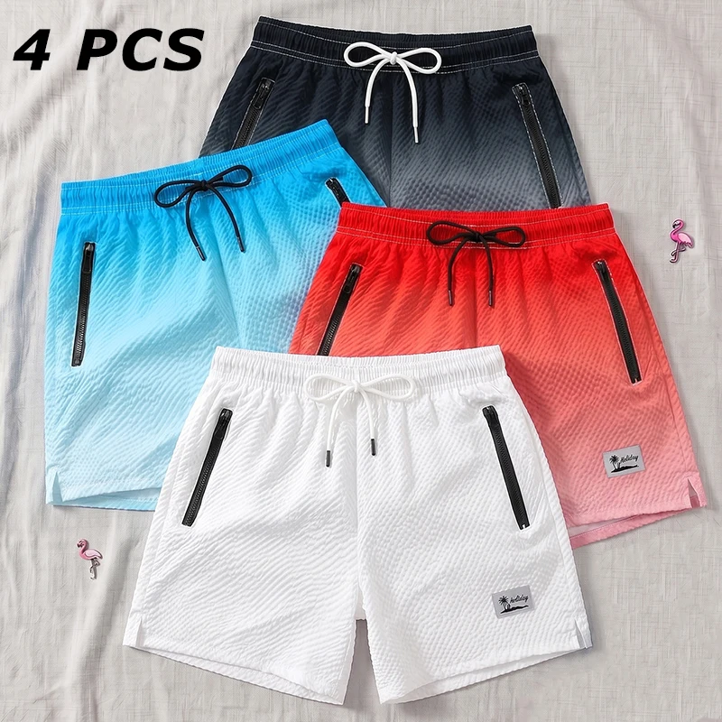 4 Piece Set Men's Seersucker Beach Shorts with Mesh Liner Summer Casual Board Shorts with Zipper Pockets Quick Dry Swim Trunks