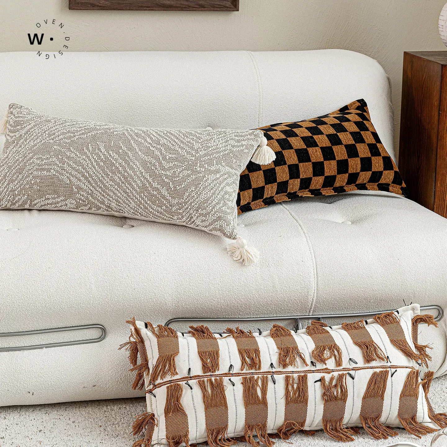 Mid-Century Modern Lumbar Pillow Cover 30x65cm Checkered & Fringe Brown Cushion Cover Retro Houndstooth Pillowcase