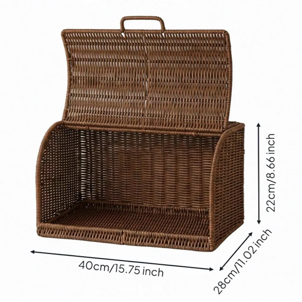 Braided Exterior Woven Organizer Basket Top Handle Lidded Storage Cloth Liner Box Uncovered Compartment, Faux Rattan Storage