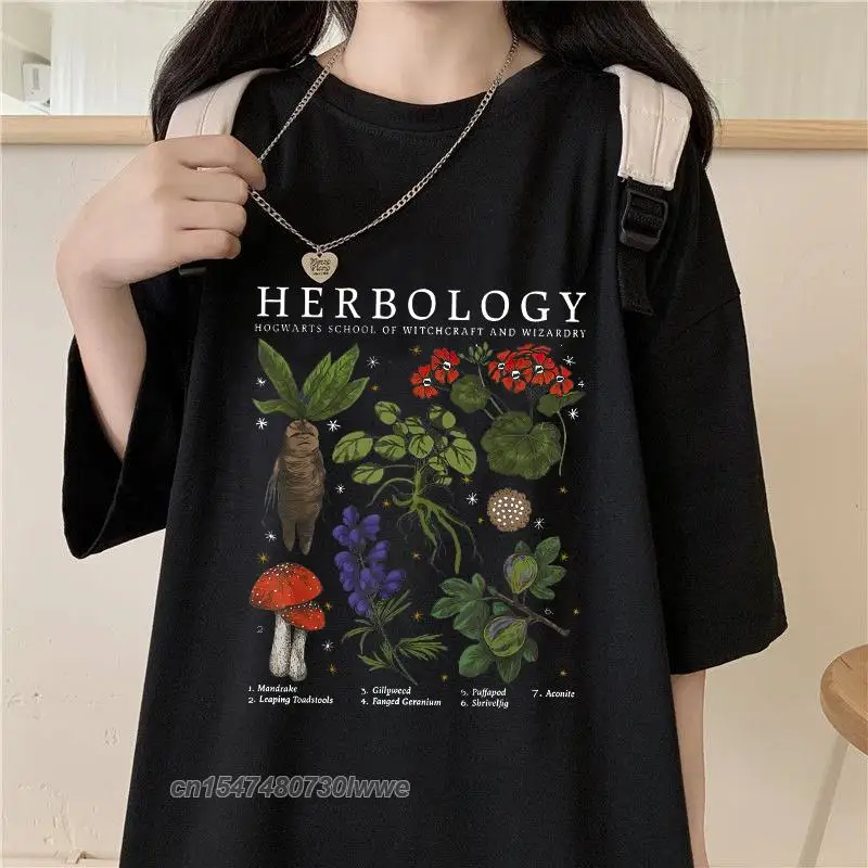 고딕 Herbology 하라주쿠 Y2k 스트리트 탑 레이디 귀여운 만화 만화 소녀 글자 인쇄 일본 캐주얼 남성 티셔츠 트렌디 여성