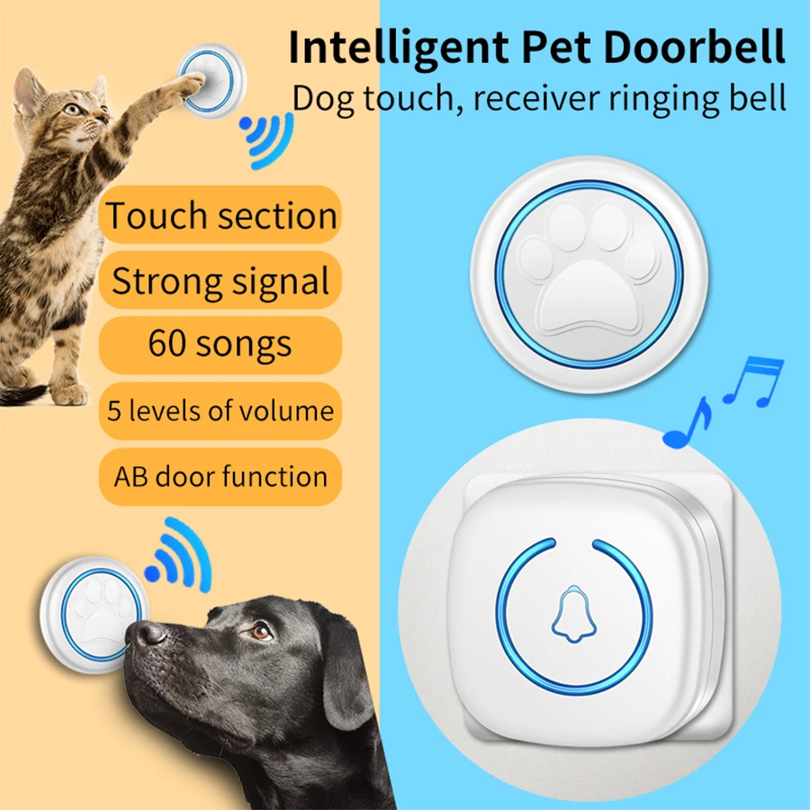 CACAZI Wireless Pet Doorbell Dog Door Bells for Potty Training Touch ButtonIncluded 60 Ringtones 5 Volume Levels with LED Flash