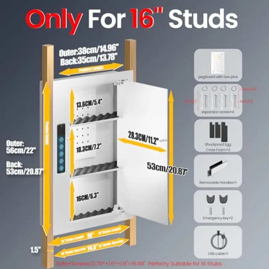Quick Acc Wall Safe with Removable Pegboard and Shelfs, Flat Hidden In Wall Safes Between the Studs 16