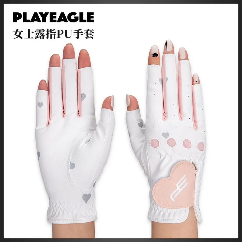 

PLAYEAGLE Womens Golf Gloves Fingerless PU Leather Sun Protection with Cute Heart Design 1 Pair