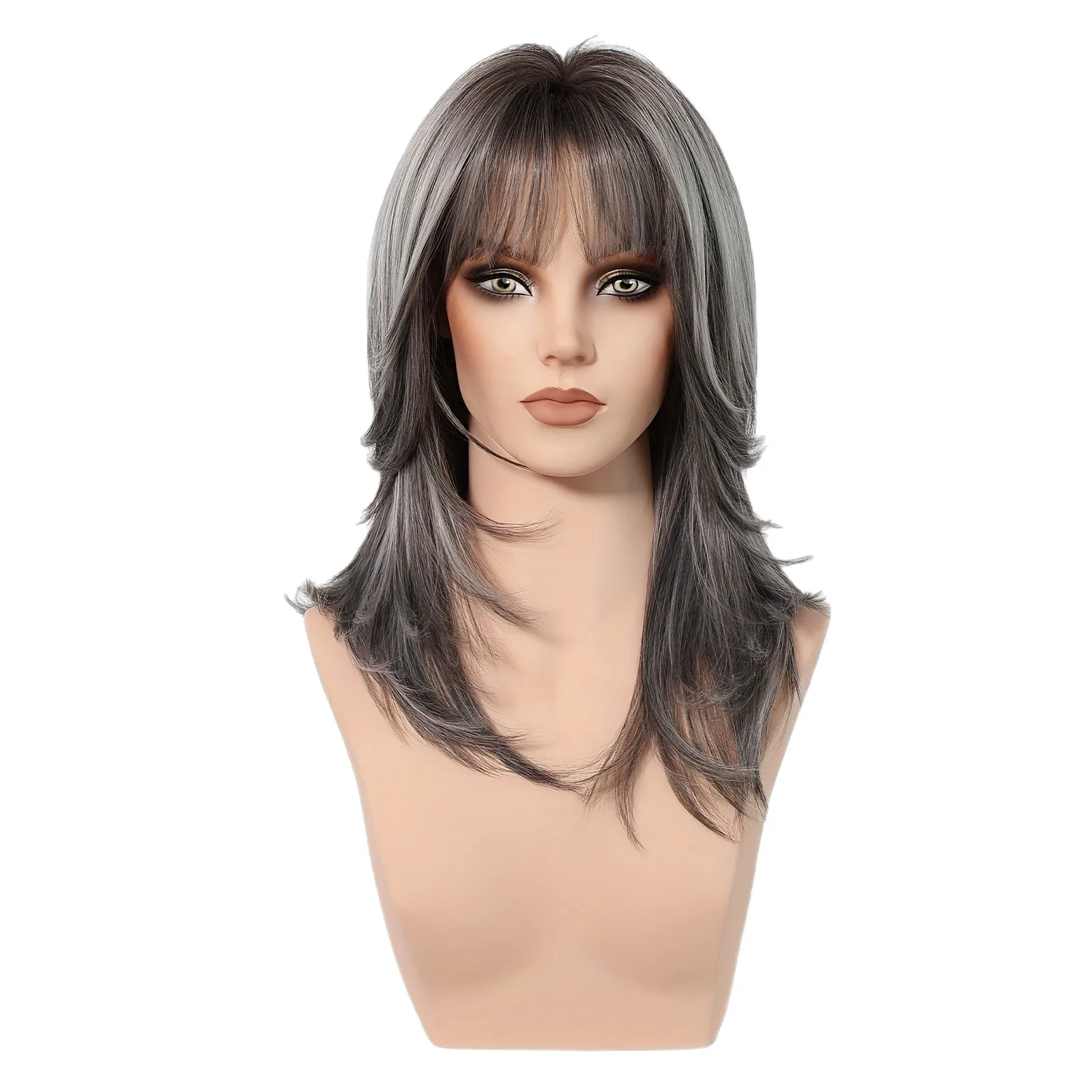 Dark Gray Silver Highlight Medium Layered Synthetic Wig