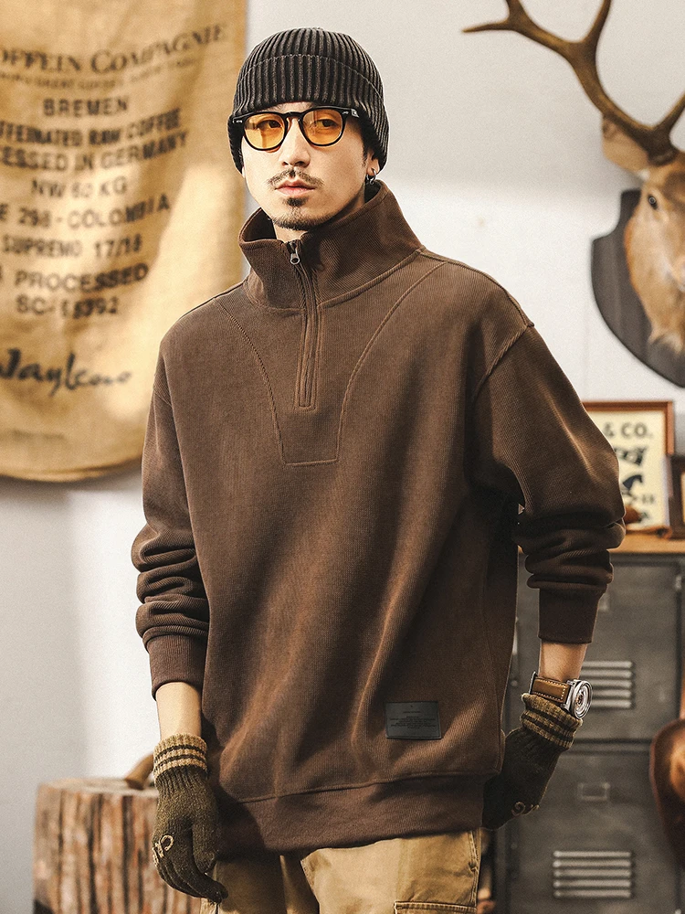 

American Retro Thiened Fce Sweatirt Men's Spring Autumn Loose Outerwear f High Collar Zipper Closure Casual Sle