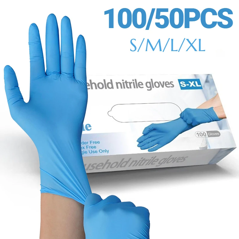 100/50PCS Blue Disposable Nitrile Gloves for Household Cleaning Hair Dyeing Tattoo Salon Painting Cooking Waterproof Dirt Proof