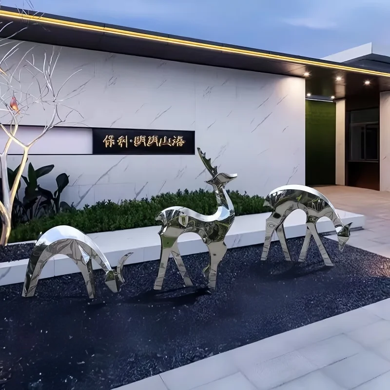 Stainless steel geometric mirror deer sculpture Sales office garden lawn decoration villa courtyard large floor ornaments