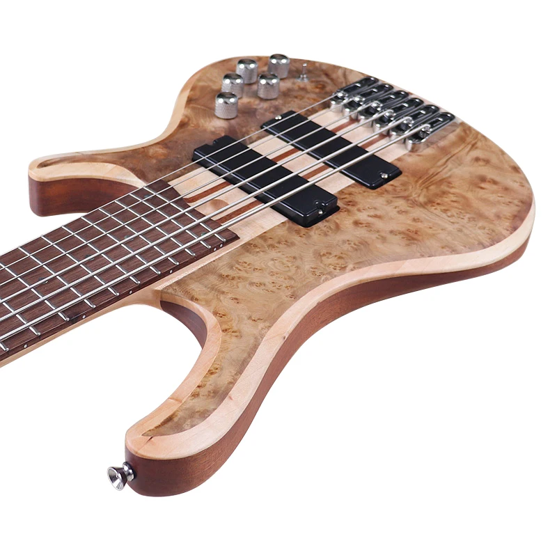 One Piece Tree Burl Top 6 String Electric Bass Guitar Active Guitarra Solid Okoume Wood Body  43 Inch Bass Guitar High Grade