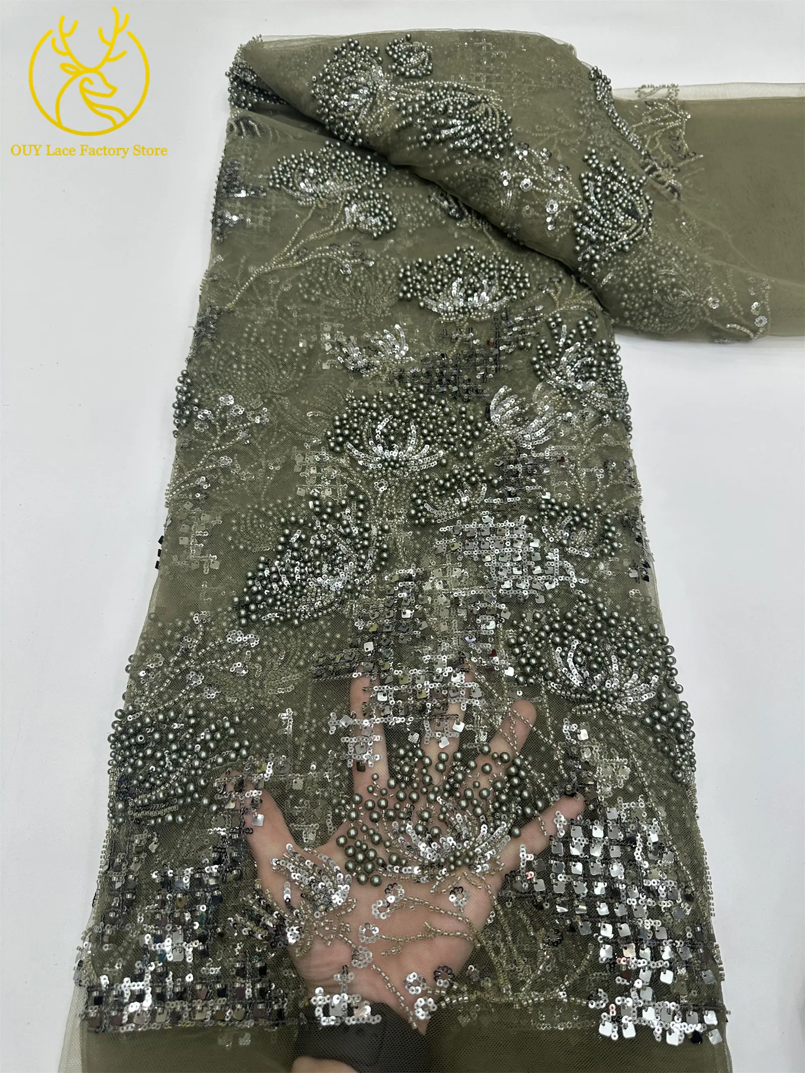 Goldener afrikanischer Spitzenstoff, französischer Mesh-Spitzenstoff mit Pailletten und Perlen für Party- und Abendkleider, zum Nähen von afrikanischen Spitzenstoffen für Damen – Detail 16