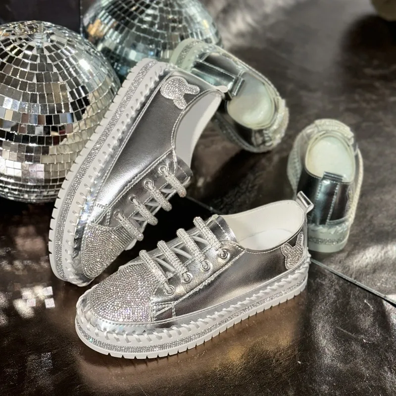 

Женские кроссовки, новые кроссовки на плоской подошве с круглым носком и стразами, неглубокие кроссовки на платформе, повседневные модные кроссовки Zapatos De Mujer