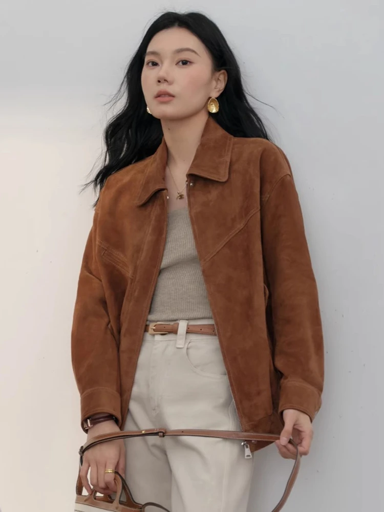 Vintage Genuine Leather Bomber Jackets for Women Spring Autumn 2025 New High-end Solid Classic Simple Real Sheepskin Suede Coat