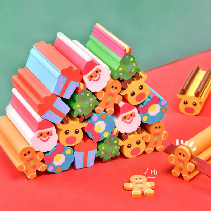 Large Christmas Erasers Set Of 6 Long Novelty Christmas Erasers Colorful Santa Pencil Erasers Cute Christmas Tree Erasers 3D For