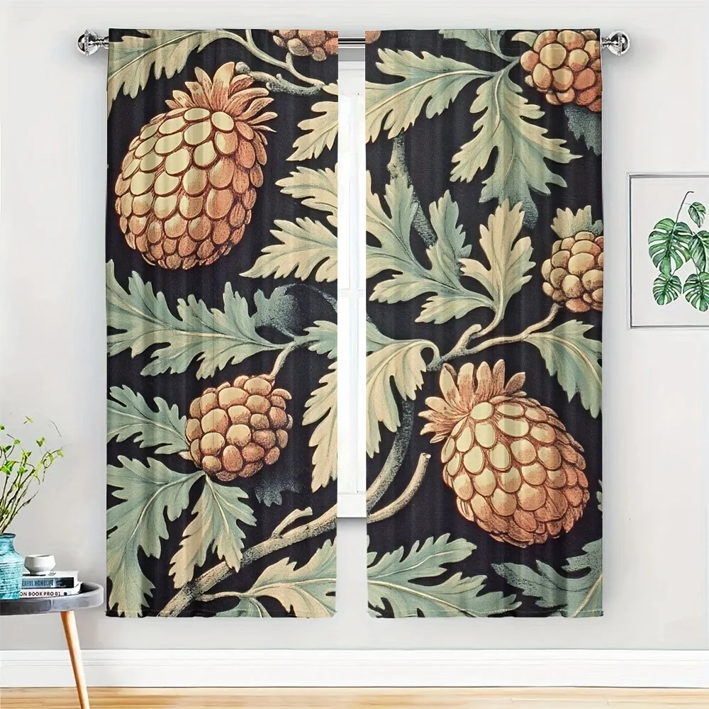 2PC Vintage Botanical Pineapple Leaf Curtains Tropical Jungle Print Luxury Window Drapes for Living Room Bedroom Black Backgroun