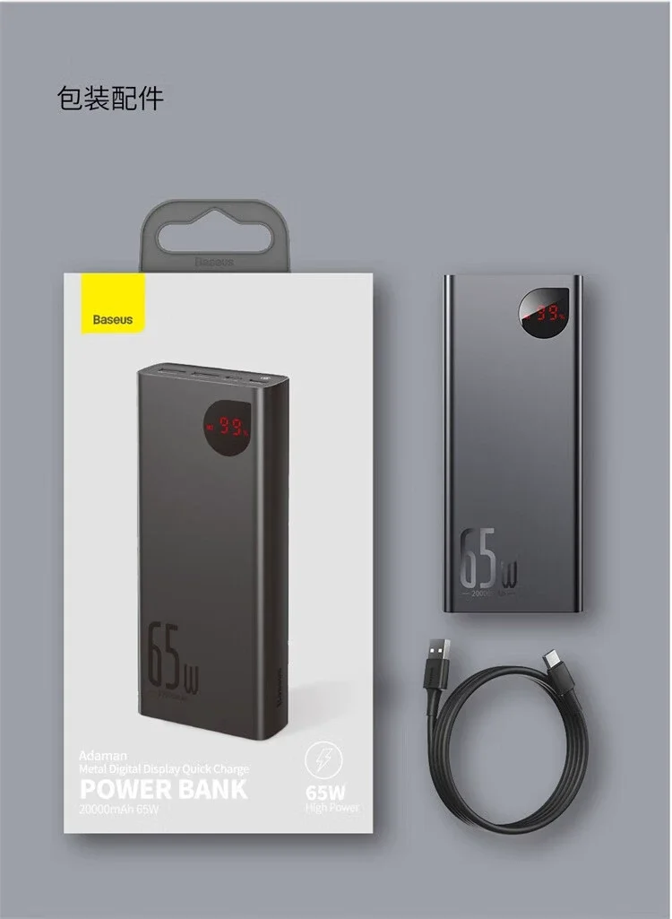 

Портативное зарядное устройство с двойной быстрой зарядкой Power Bank, 65 Вт, 20000 мАч, PD