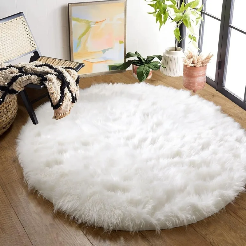 

Fluffy Faux Sheepskin Washable Fur Round Rug 5ft Nursery Rugs for Bedroom Plush Boho Circle Rug for Living Room Teen Room