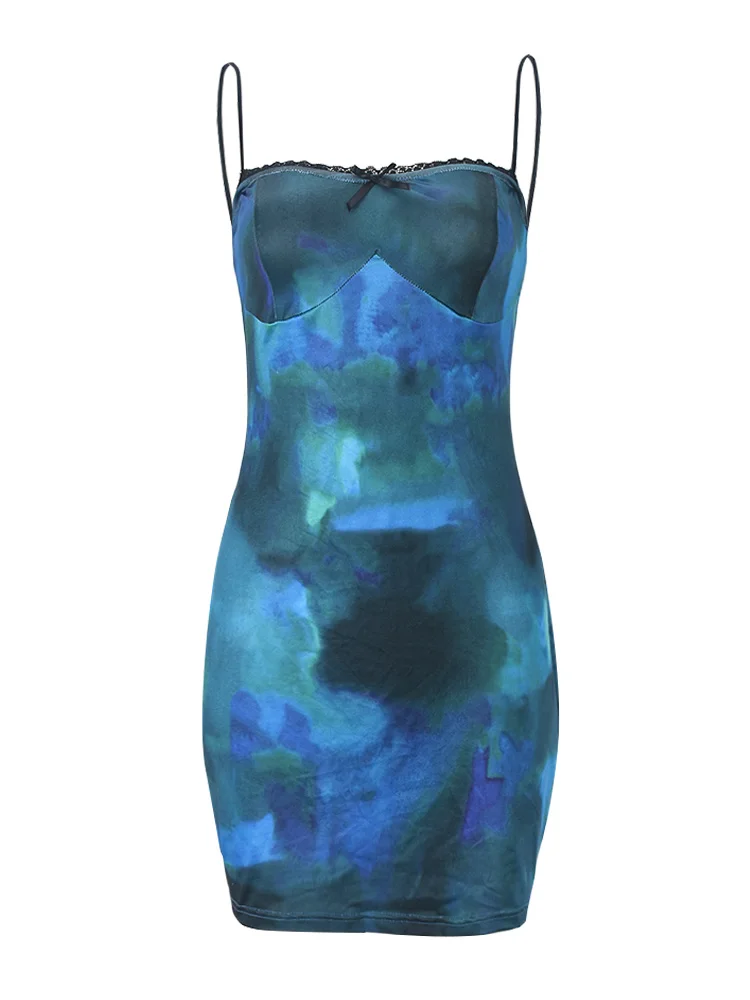 Robe à imprimé Weird Puss aught-Dye pour femme, patchwork de dentelle, col slash, fermeture éclair, dos nu, tendance coquette, boîte de nuit, fête, mini batterie con