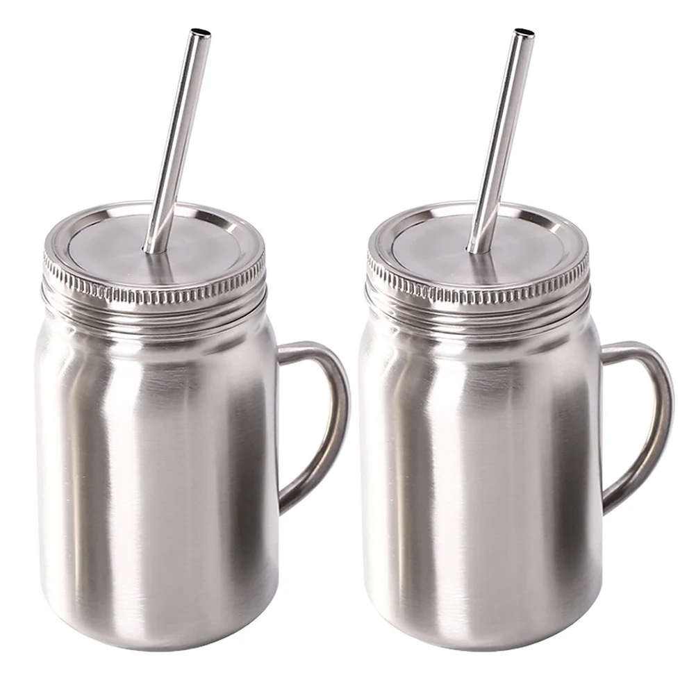 

2 pcs Stainless Steel Mason Jars 500Ml Double Layer Leakproof Portable Juice Cups For Home Office School Storage Containers