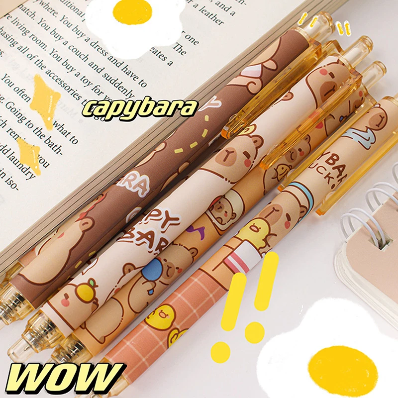 Capybara-Stylos gel bleus effaçables à séchage rapide, ensemble de stylos mignons, fournitures scolaires de bureau, papeterie esthétique Kawaii, 6 pièces