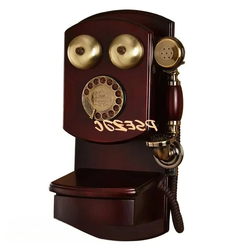 B-M Vintage Rotating Home Wall Mounted Wooden Mechanical Clock Rotating Dialing Vintage Antique Telephone Decoration