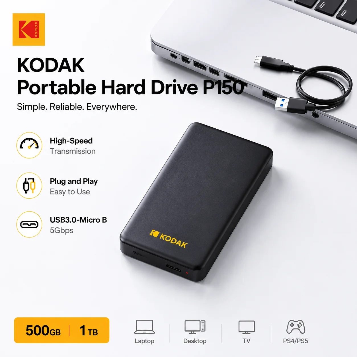 kodak-p150-ポータブル外付けハードドライブ-500gb-1tb-usb30-hdd-ストレージドライブ-25インチ-高速ディスク-ノートパソコン、ps4、テレビ用