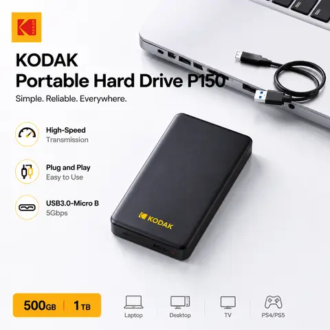 KODAK P150 Portable External Hard Drive 500GB 1TB USB3.0 HDD Storage Drive 2.5 Inch High Speed Disk for Laptop PC PS4 TV