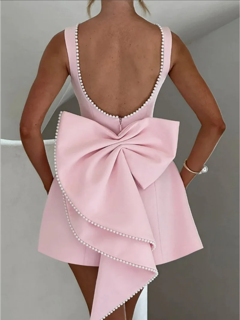 2025 Spring Summer Elegant Women Sexy Mini Dress Pearl Big Bow Backless Zipper Sleeveless High Waist A-line Club Party Dress